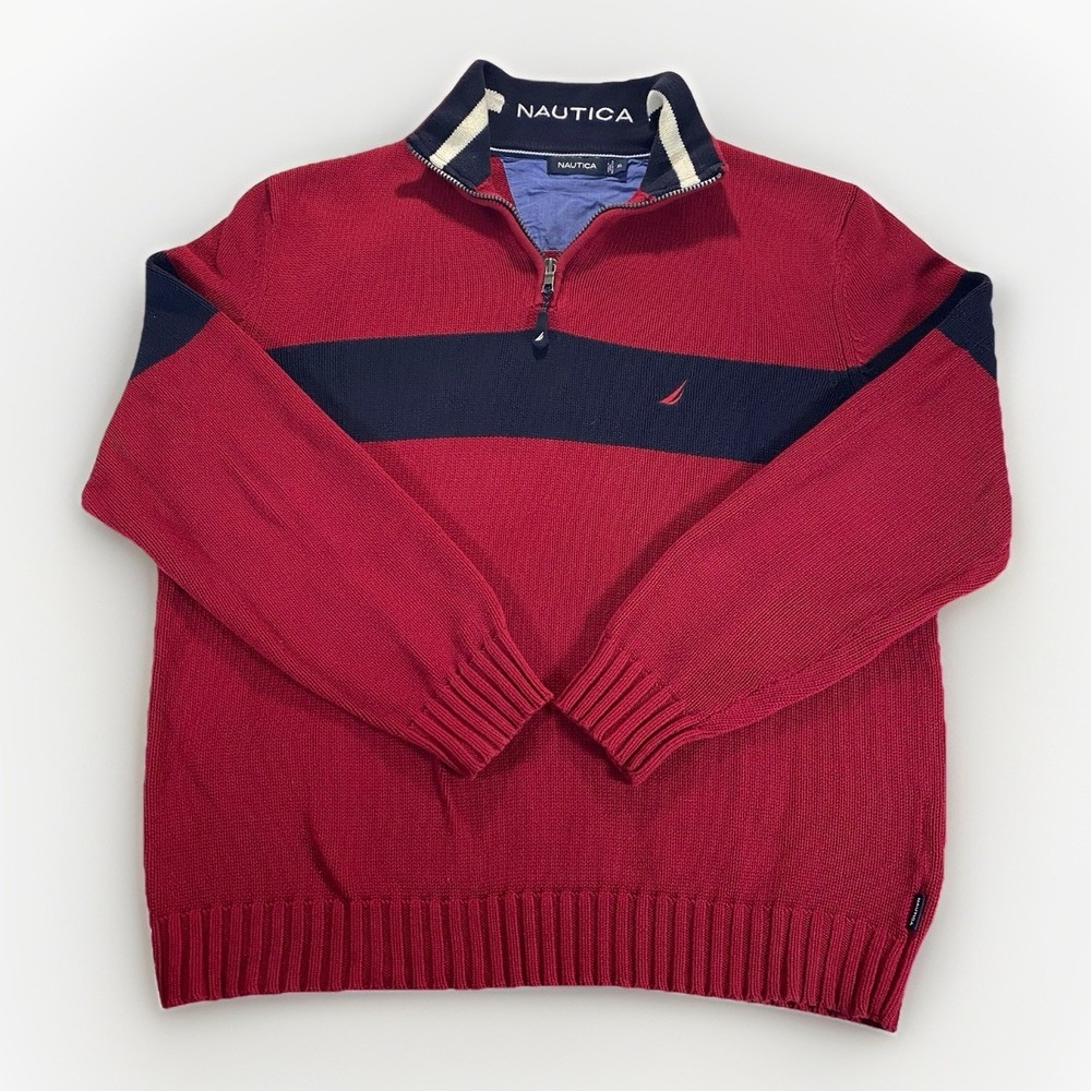 Nautica Sweater Mens XL Red Blue Yacht Logo 1/4 Zip 100% Cotton Old Money‎